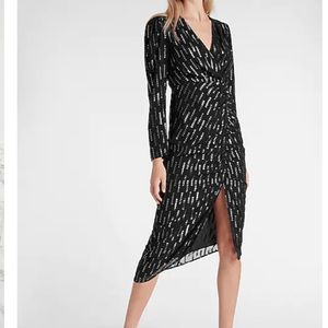 Metallic faux wrap ruched front asymmetrical midi dress nwt